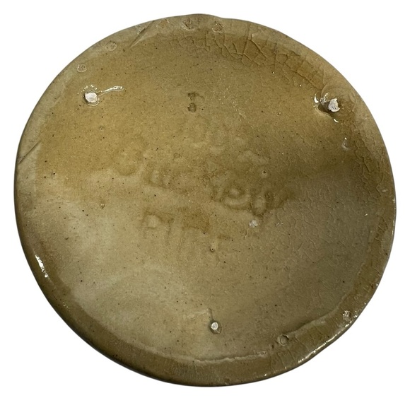 VINTAGE BUCKEYE Pottery Mug Tan Yellowware with Blue Stripes - Picture 3 of 5